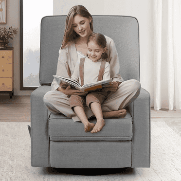 Harkawon Swivel Recliner, Linen Solid Nursery Glider Rocking Chair with Adjustable Armrests and Swivel Glider Rocker, Gray