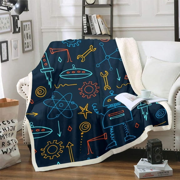 Nursery Robot Sherpa Blanket Cartoon Robot Blanket Throw Rocket Fleece Blanket for Kids Boys Girls Gear Machine Science Fuzzy Blanket Baby 30"x40" Blue Orange Child Sofa Decor