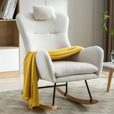 Nursery Rocking Chair, 35.5" Teddy Fabric Upholstered Glider Rocker with High Backrest, Modern Rocking Accent Chairs Comfy Side Chair for Nursery, Bedroom, Living Room,White