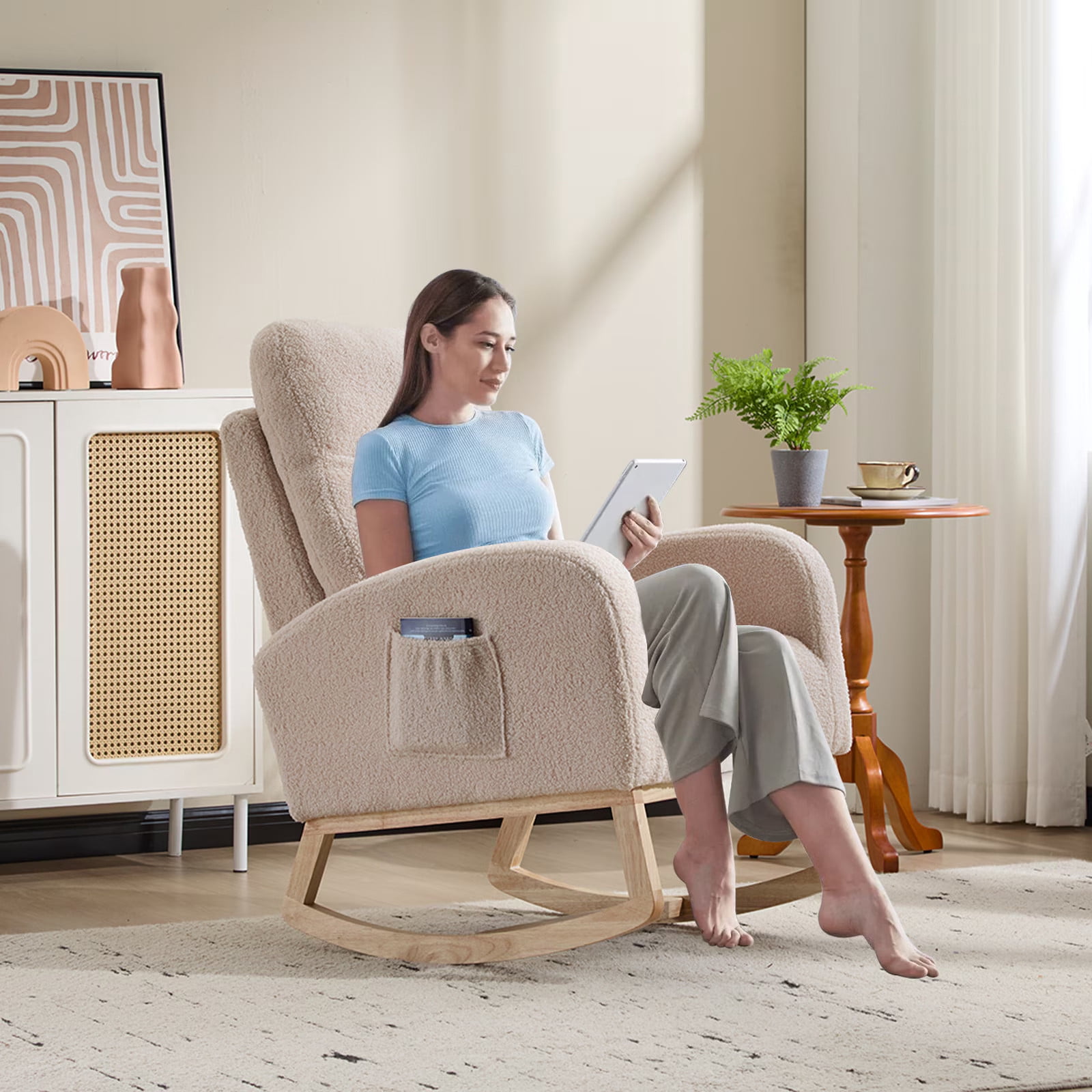 Nursery Rocking Chair with Adjustable High Back, Recliner Chair with Solid Wood Legs and Side Pocket, Glider Chair for Nursery, Modern Glider Chair, Accent Chair Armchair for Living Room Bedroom