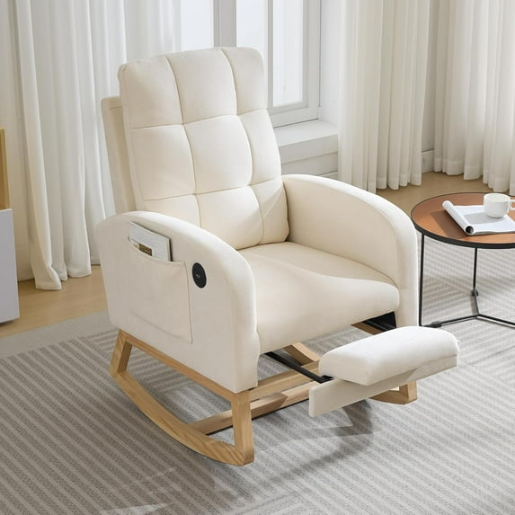 Nursery Rocking Chair, Boucle Glider Chair Nursery Chair Teddy Upholstered Glider Rocker with Side Pocket & Footrest, Rocking Accent Armchair High Back Nursing Chair with Wood Legs, Teddy Nursing Gli
