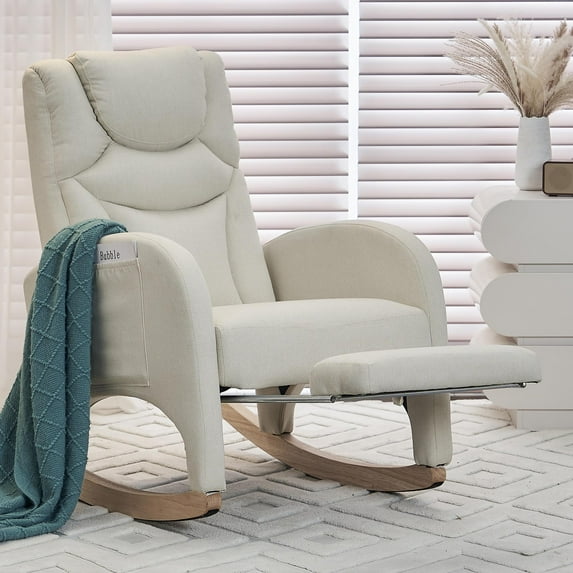 Nursery Rocking Chair Cotton Linen Fabric Adjustable Footrest Sturdy Construction - Comfortable Seating for Home Relaxation