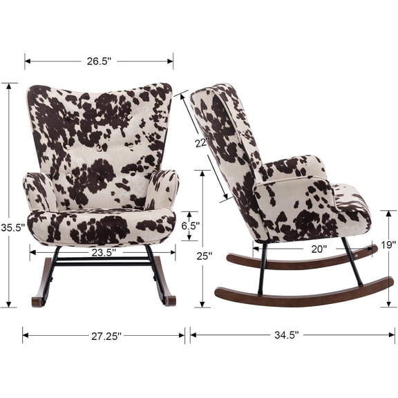 Nursery Rocking Chair Fabric Upholstered Rocker Chair Tufted Wingback Accent Chair with Wooden Base Modern Comfy Lounge Armchair for Bedroom Living Room, Cow