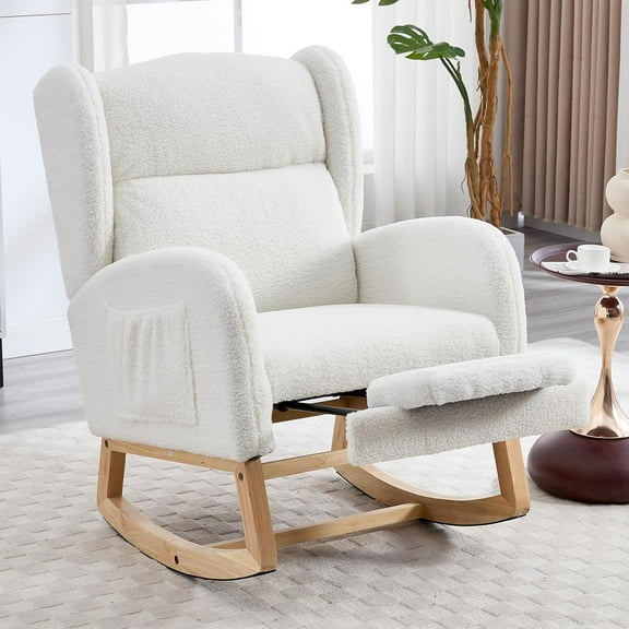 Nursery Rocking Chair with Footrest, Teddy Upholstered Glider Chair, Rocker Nursery Chair with Side Pocket, Glider Rocker, Accent Reading Chair for Living Room (White Teddy)