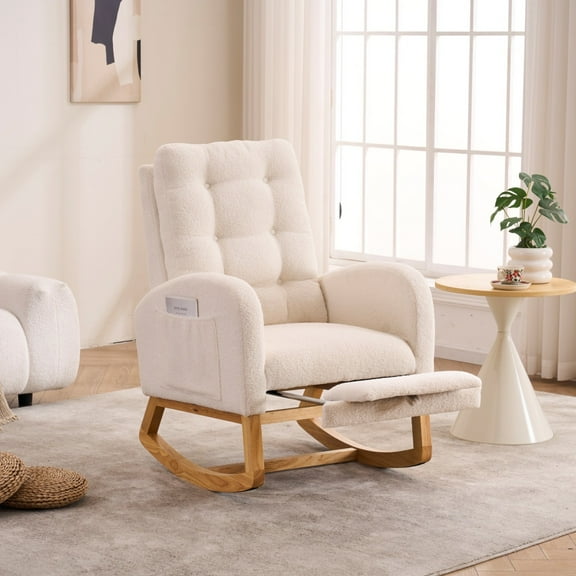 Nursery Rocking Chair with Footrest,Teddy Upholstered Rocking Chair with High Back and Side Pocket,Accent Armchair with Rubber Wood Legs for Living Room Bedroom,Beige+White,38.36"Wx26.77"Lx39.76"H