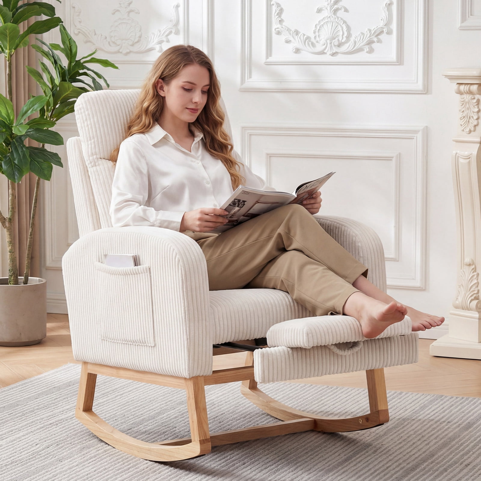 Nursery Rocking Chair with Footrest,Upholstered Glider Rocker with Side Pocket, USB Charging Port & Wood Legs, High Back Nursing Chair for Living Room & Bedroom