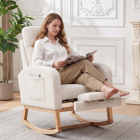 Nursery Rocking Chair with Footrest,Upholstered Glider Rocker with Side Pocket, USB Charging Port & Wood Legs, High Back Nursing Chair for Living Room & Bedroom