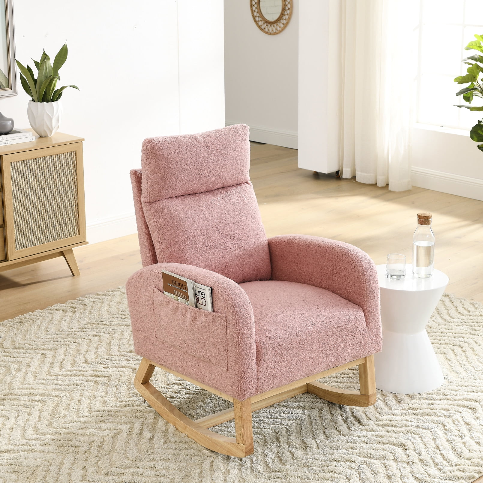 Pink Teddy Fabric Upholstered Rocking Chair with Solid Wood Base