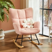 Nursery Rocking Chair, High Back Plush Upholstered Glider Rocking Chair, Teddy Fabric Upholstered, Nursery, Bedroom, Living Room Modern Rocking Decorative Chair, Pink