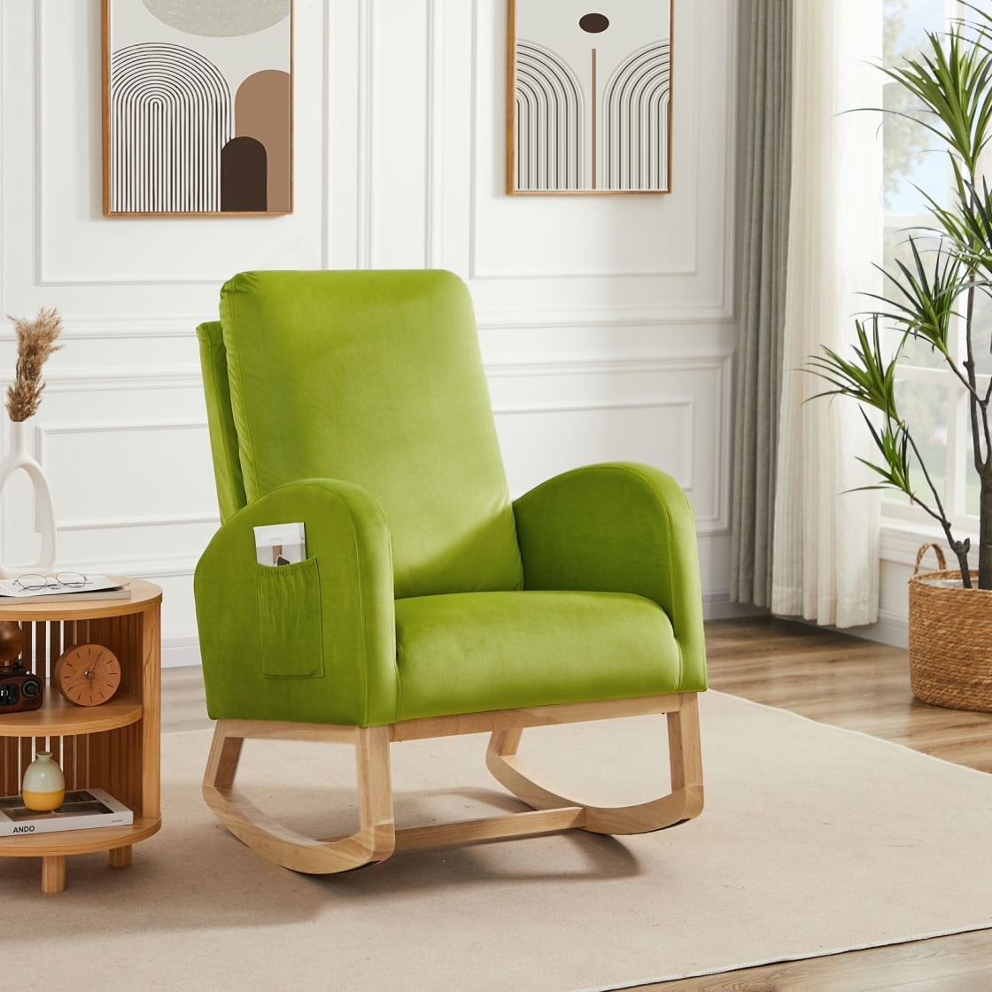 Nursery Rocking Chair with High Back and Solid Wood Legs, Flannel ...