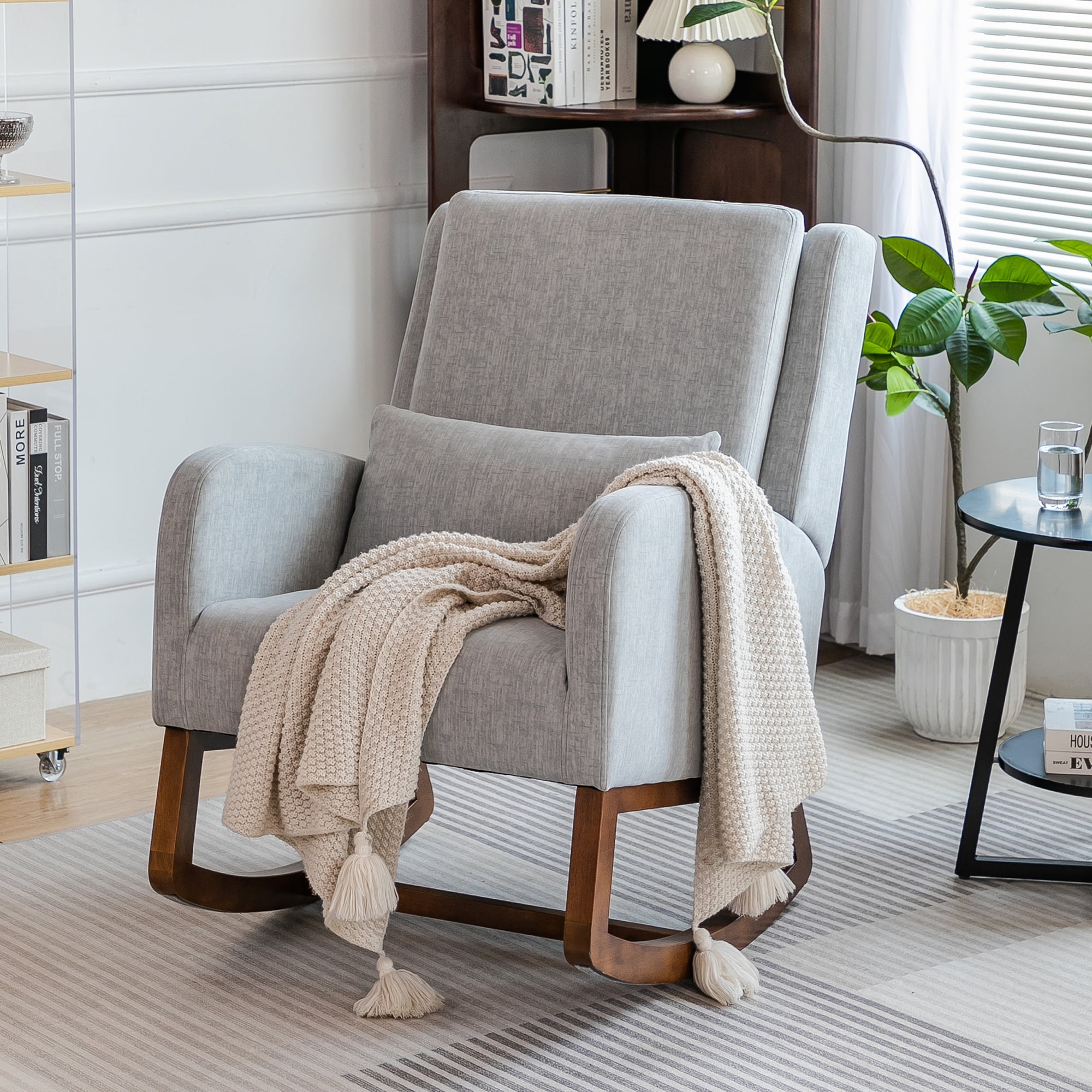 Nursery Rocking Chair, Indoor Upholstered Rocking Chair for Living Room, Modern Glider Rocker Chair w/Pillow, High Back Padded Seat Side Armchair (Grey)