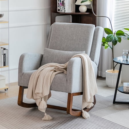 Nursery Rocking Chair, Indoor Upholstered Rocking Chair for Living Room, Modern Glider Rocker Chair w/Pillow, High Back Padded Seat Side Armchair (Grey)