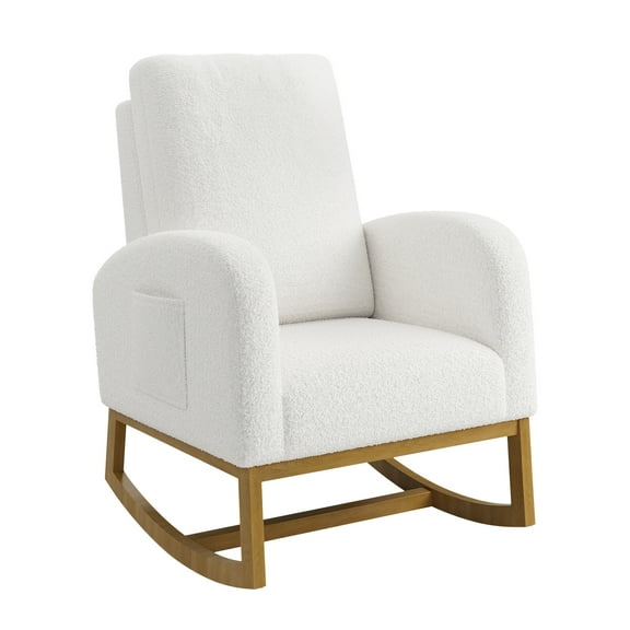 Nursery Rocking Chair for Living Room, Comfy Upholstered Rocker Armchair with Wood Legs, Mid-Century Modern Tall Back Accent Glider Rocker with Side Pocket for Bedroom, White