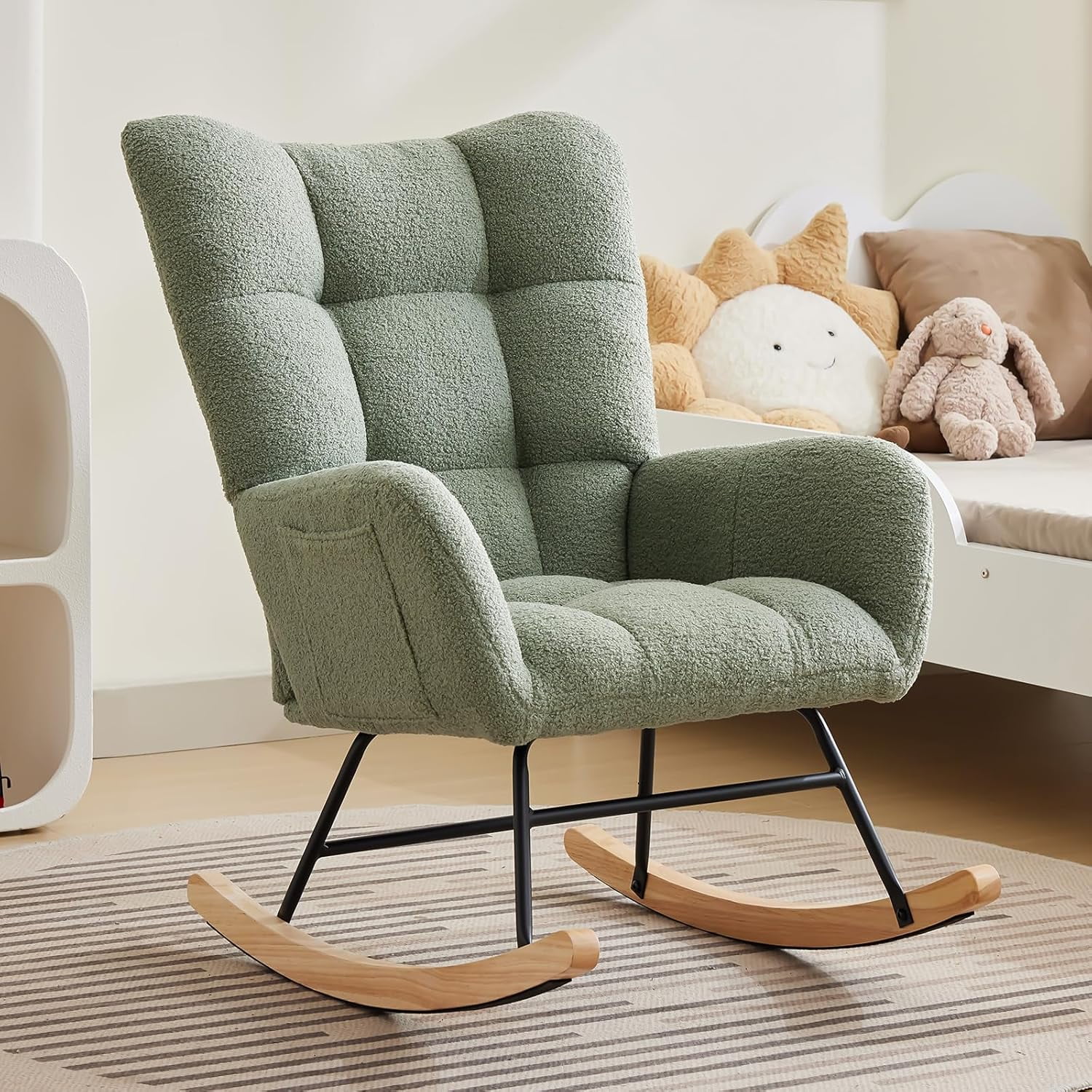 Nursery Rocking Chair, Living Room Glider Rocker for Breastfeeding, Comfy Accent Chairs for Bedroom, Plush Teddy Upholstered Armchairs Indoor with High Backrest, Room Side Relaxing Chair, Green