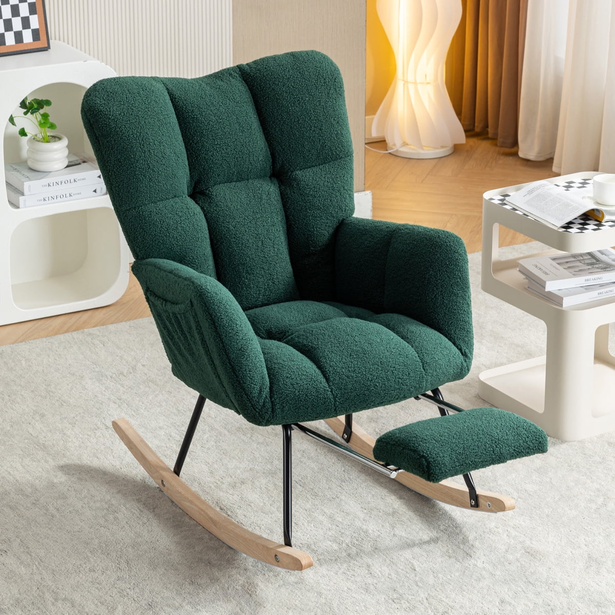 Nursery Rocking Chair Modern Armchair Upholstered Glider Rocking Chair Accent Chair with Retractable Footrest Reading Chair with High Backrest Solid Wood Base for Bedroom, White, Teddy
