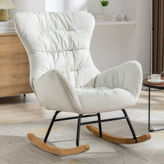 Nursery Rocking Chair, Modern Upholstered Glider Rocker Armchair with High Backrest, Indoor Velvet Fabric Nursing Chair for Bedroom Office Living Room
