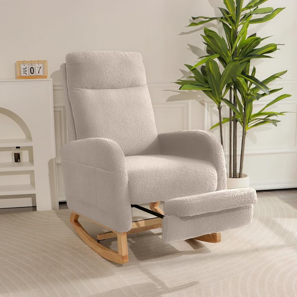 Nursery Rocking Chair,Modern Upholstered High Back Glider Armchair,Comfy Rocker with retractable footrest and Headrest, Side Pocket Accent Chair for Living Room/ Bedroom （Teddy）BEIGE