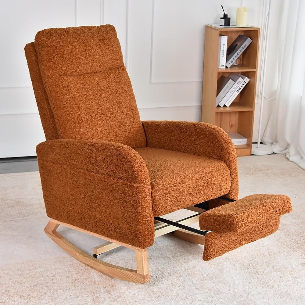 Nursery Rocking Chair,Modern Upholstered High Back Glider Armchair,Comfy Rocker with retractable footrest and Headrest, Side Pocket Accent Chair for Living Room/ Bedroom （Teddy）BROWN