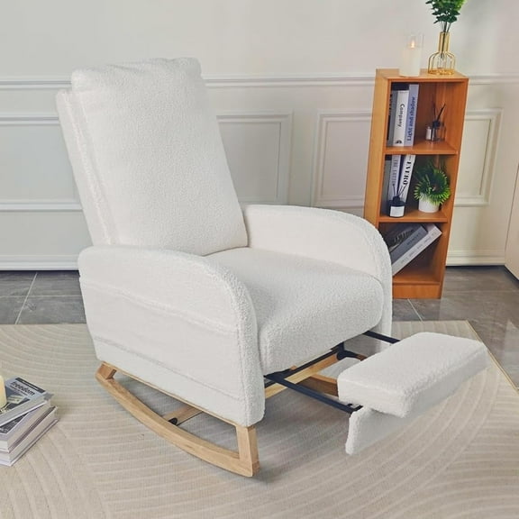Nursery Rocking Chair,Modern Upholstered High Back Glider Armchair,Comfy Rocker with retractable footrest and Wood Base, Side Pocket Accent Chair for Living Room/ Bedroom (Teddy)WHITE