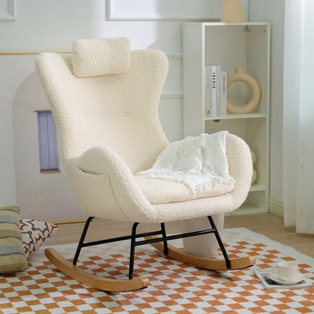 Nursery Rocking Chair for Mom and Baby, Modern Teddy Fabric Upholstered Glider Rocker Rocking Chair Padded Seat with High Backrest, Armchair comfy Side Chair for Living Room Bedroom Offices, Beige