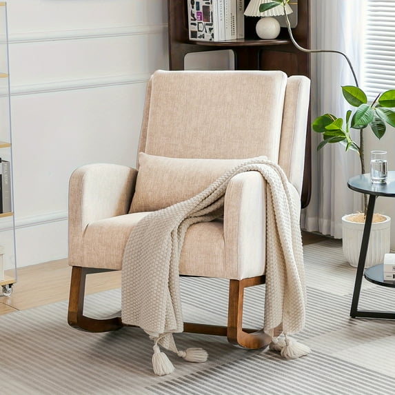 Nursery Rocking Chair, Nursing Rocking Chair for Living Room, Indoor Modern Glider Rocker Chair w/Pillow, High Back Padded Seat Side Armchair(Sand)