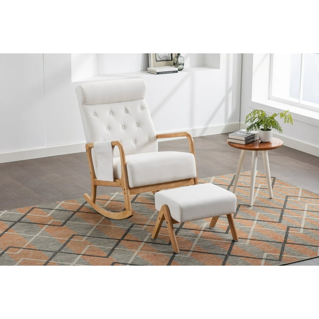 Nursery Rocking Chair with Ottoman, Linen Glider Rocker Chair with High