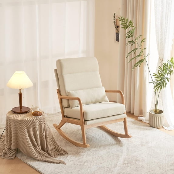 Nursery Rocking Chair Removable Glider Rocker High Backrest Rocking Armchair Mid-Century Accent Chair with Lumber Pillow for Bedroom, Living Room, Nursery, Beige