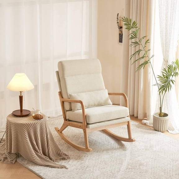 Nursery Rocking Chair Removable Glider Rocker High Backrest Rocking Armchair Mid-Century Accent Chair with Lumber Pillow for Bedroom, Living Room, Nursery, Beige