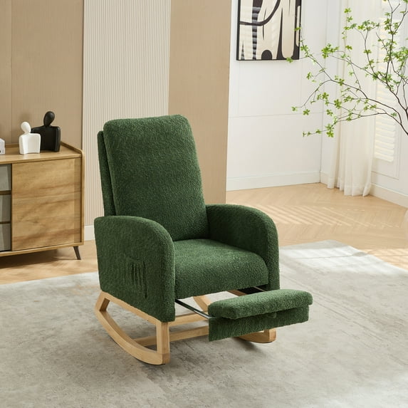 Nursery Rocking Chair with Retractable Foot Rest, 25.4"W High Back Glider Chair with Rubber Wood Legs, Glider Rocker Accent Armchair for Living Room Bedroom, Green