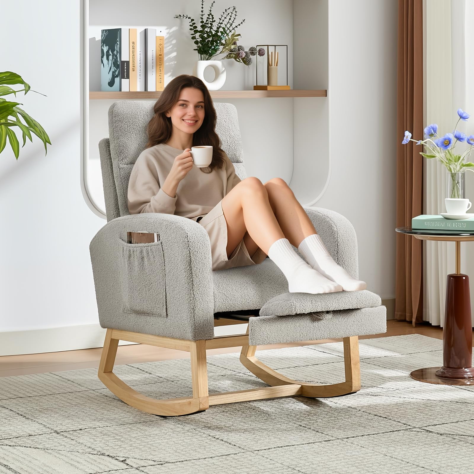 Nursery Rocking Chair with Retractable Footrest & High Backrest, Upholstered Glider Rocker Accent Chair for Breastfeeding Reading, Compact for Bedroom Living Room Apartments