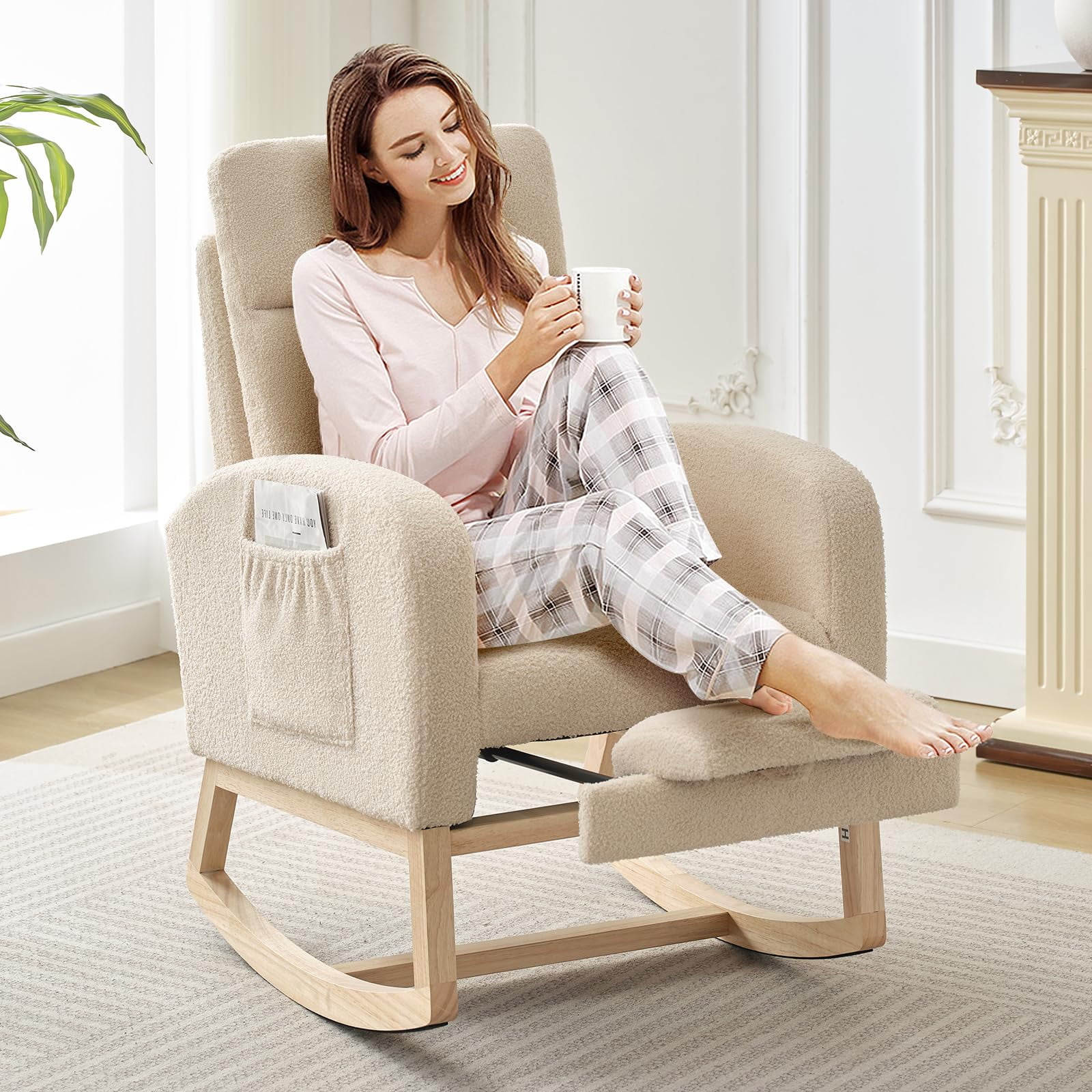 Nursery Rocking Chair with Retractable Footrest & High Backrest ...