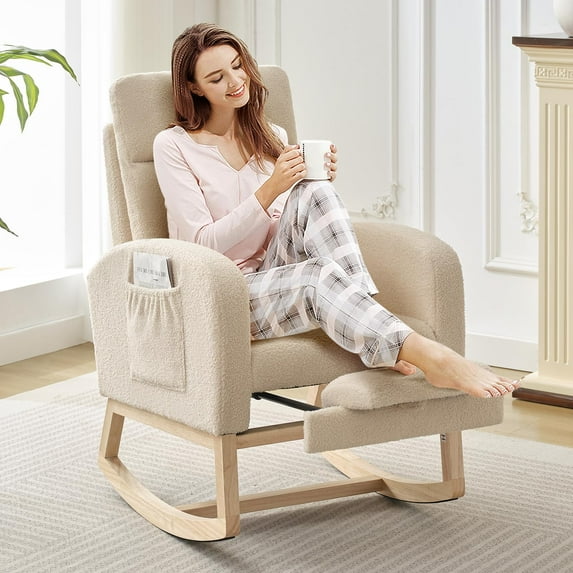Nursery Rocking Chair with Retractable Footrest & High Backrest, Upholstered Glider Rocker Accent Chair for Breastfeeding Reading, Compact for Bedroom Living Room Apartments