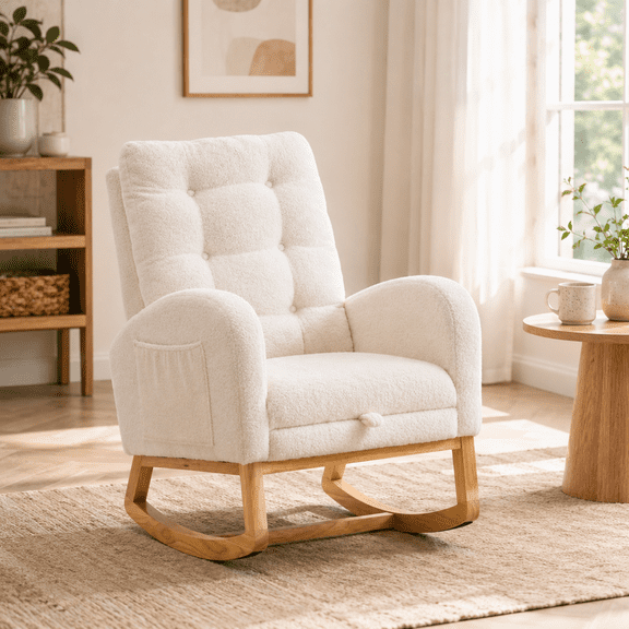 Nursery Rocking Chair with Retractable Footrest, White Wooden Rocking Chair with Side Pocket, Comfy High Back Nursing Glider Armchair for Bedroom & Baby Room, Small Apartment Furniture