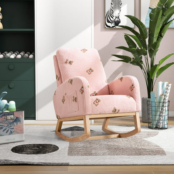 Nursery Rocking Chair with Side Pocket, Modern Reading Chair with Upholstered High Back, Wooden Rocker Armchair for Living Room, Baby Kids Room, Bedroom, Pink