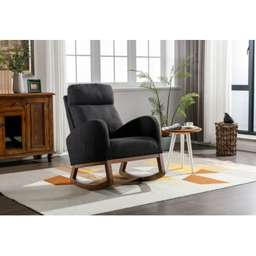 Nursery Rocking Chair with Solid Wood Legs, Modern Glider Chair with Two Side Pockets, Nursery Rocking Accent Chair with High Back for Living Room Bedroom, Black