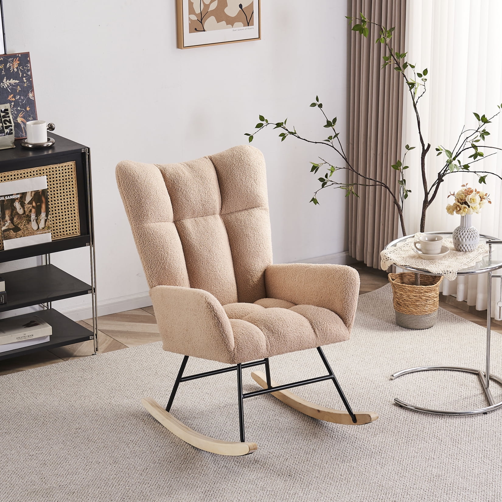 Nursery Rocking Chair with Solid Wood Legs, Upholstered Reading Rocking Armchair with High