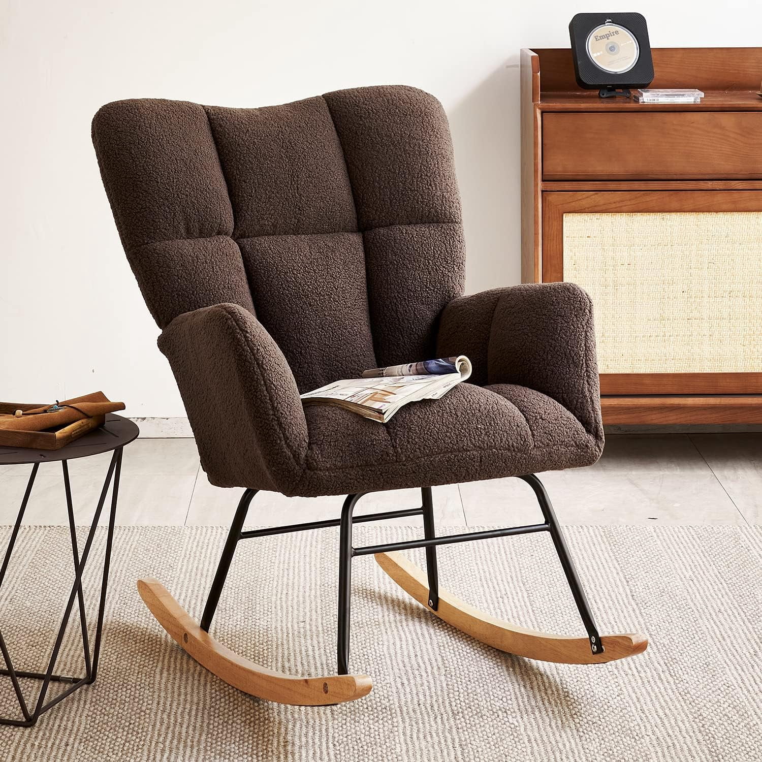 Nursery Rocking Chair, Teddy Fabric Upholstered Glider Rocker with High ...