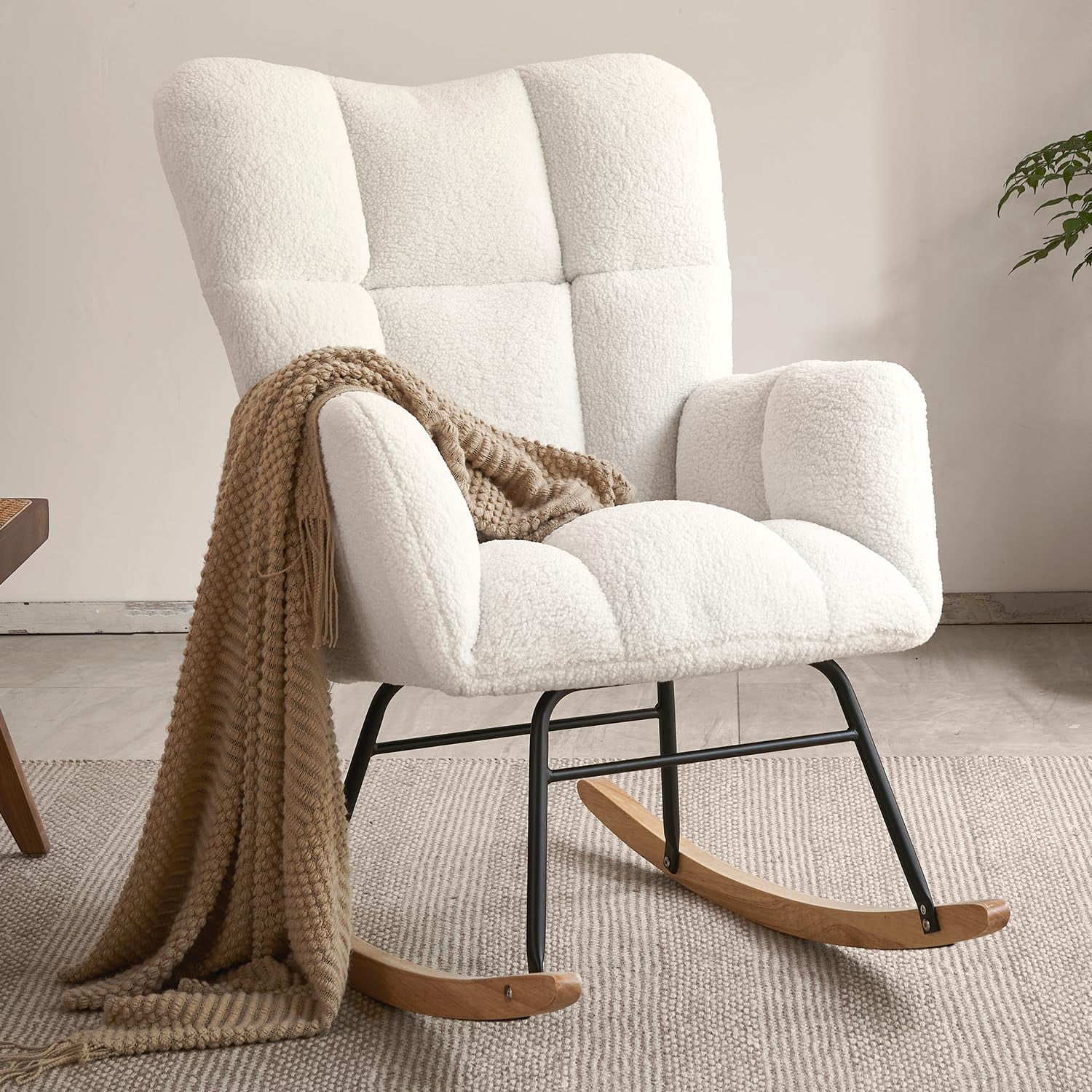 Nursery Rocking Chair, Teddy Fabric Upholstered Glider Rocker with High ...