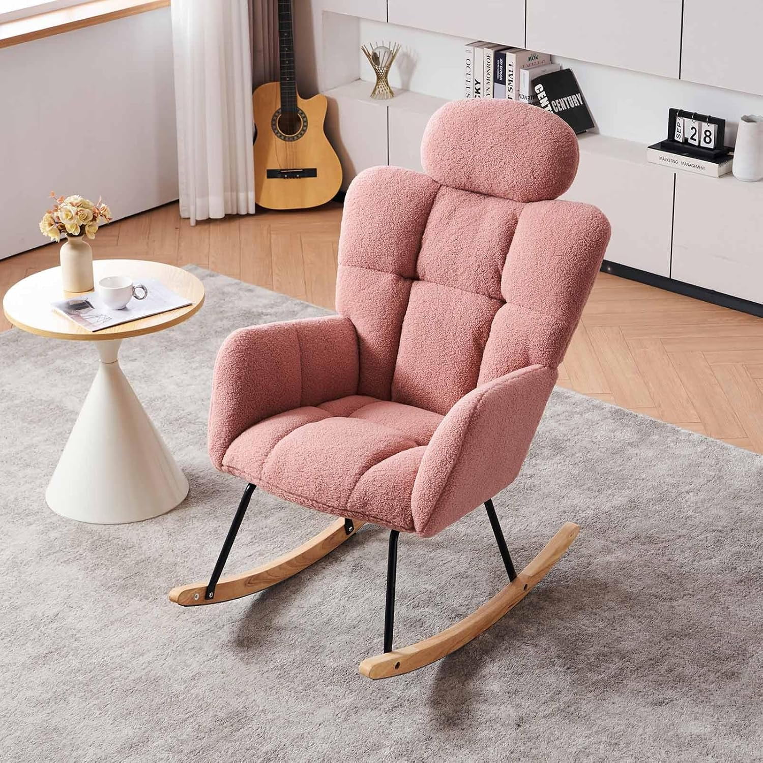 Nursery Rocking Chair - Teddy Fabric Upholstered Glider Rocking Chair with High Backrest & Pillow for Living Room & Bedroom - Easy Assembly Wood/Metal Base (Ivory)