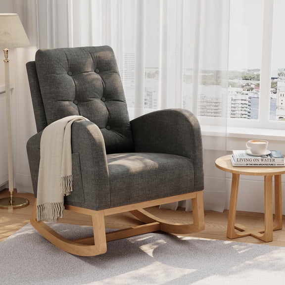 Nursery Rocking Chair, Teddy Fleece Upholstery, Sturdy Wooden Legs & High Back Glider for Living Room or Bedroom, Gray