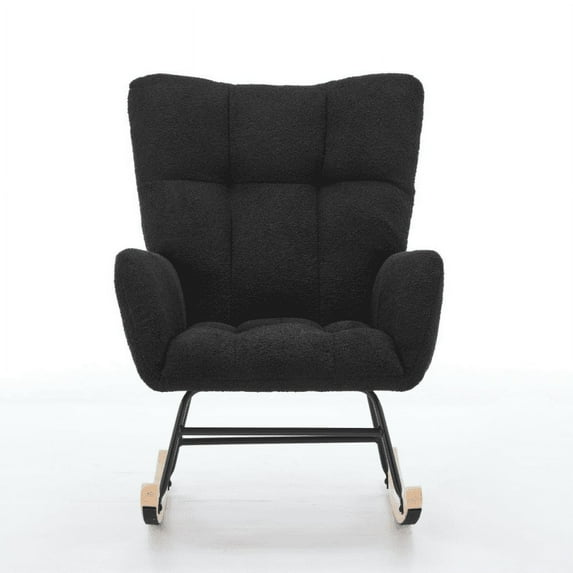 Nursery Rocking Chair Teddy Upholstered Glider Rocker Chair With Wood Legs And High Backrest, Comfy Accent Armchair Padded Seat For Living Room