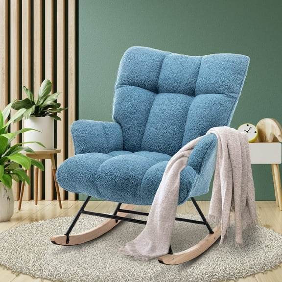 Nursery Rocking Chair Teddy, Upholstered Glider Rocker with High Backrest, Comfortable Stylish Accent Armchair with Padded Seat for Living Rooms, Bedrooms, Offices