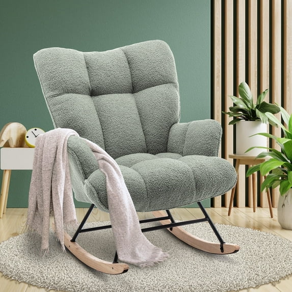 Nursery Rocking Chair Teddy, Upholstered Glider Rocker with High Backrest, Comfortable Stylish Accent Armchair with Padded Seat for Living Rooms, Bedrooms, Offices