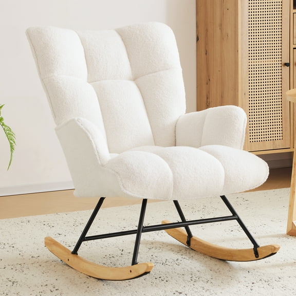 Nursery Rocking Chair Teddy, Upholstered Glider Rocker with High Backrest, Comfortable Stylish Accent Armchair with Padded Seat for Living Rooms, Bedrooms, Offices