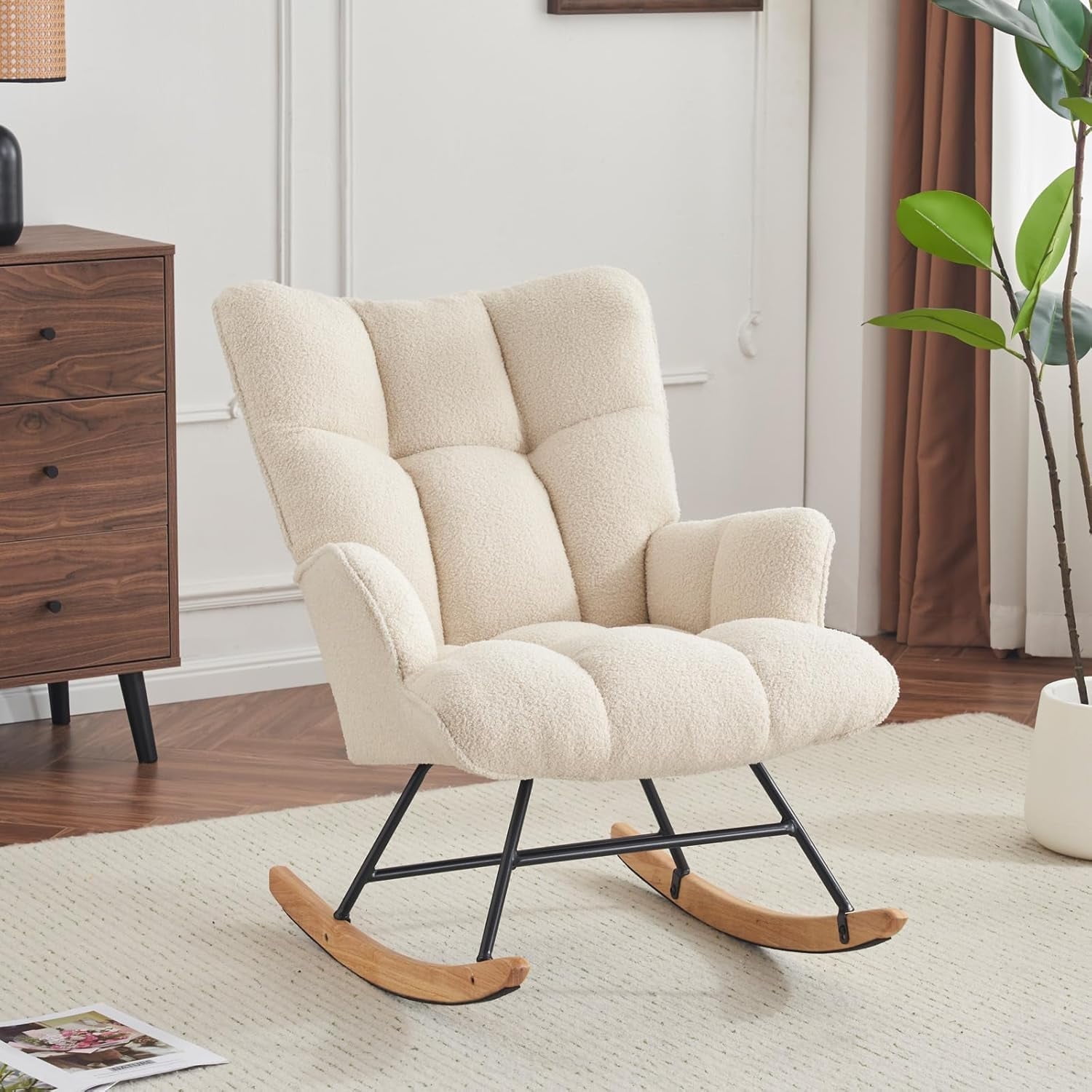 Ivory Boucle Upholstered Rocking Chair with Wood and Iron Frame