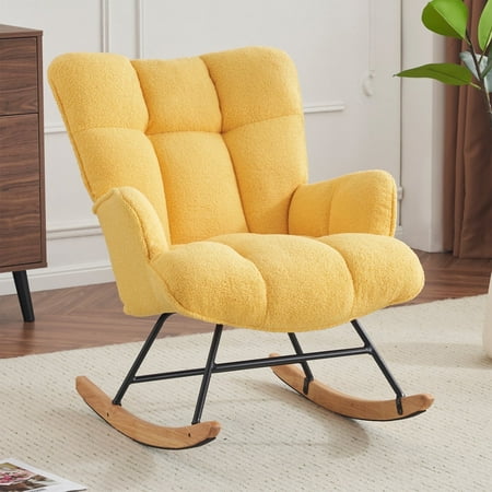 Nursery Rocking Chair Teddy, Upholstered Glider Rocker with High Backrest, Comfortable Stylish Accent Armchair with Padded Seat for Living Rooms, Bedrooms, Offices