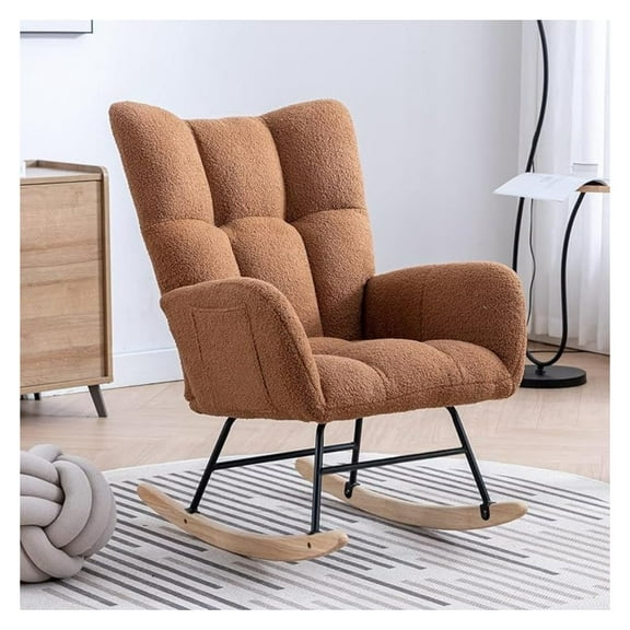 Nursery Rocking Chair Teddy Upholstered Glider Rocker Rocker Accent Chair with High Backrest Armchair Comfy Side Pocket Modern Rocking Accent Chairs for Living Room, Nursery, Office-Brown