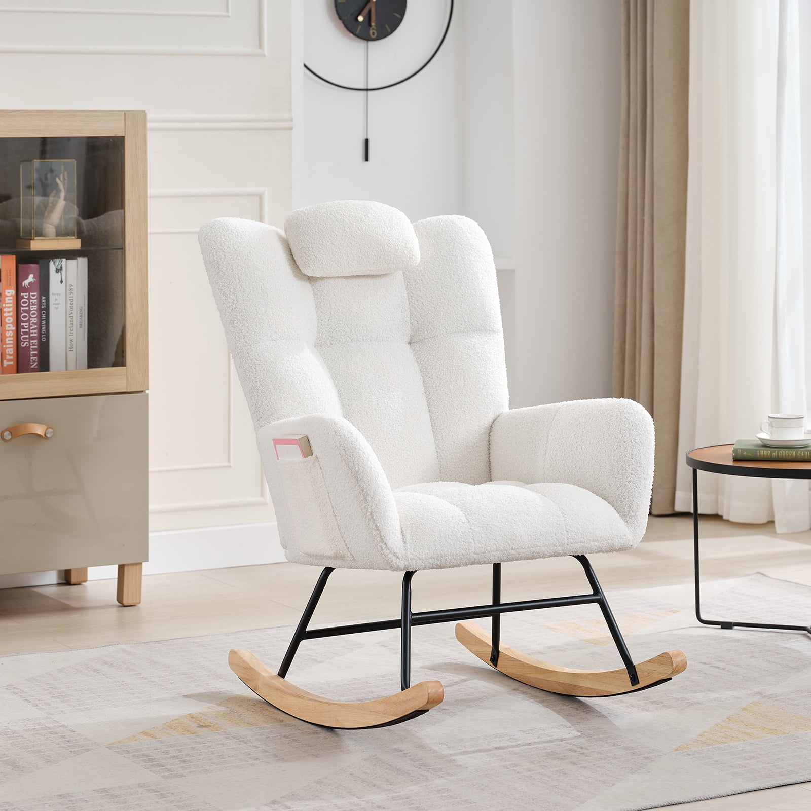 Nursery Rocking Chair, Teddy Upholstered Glider Rocker Rocking Accent Chair, Comfy Side Chair with High Backrest & Side Storage Bag for Living Room Bedroom Offices