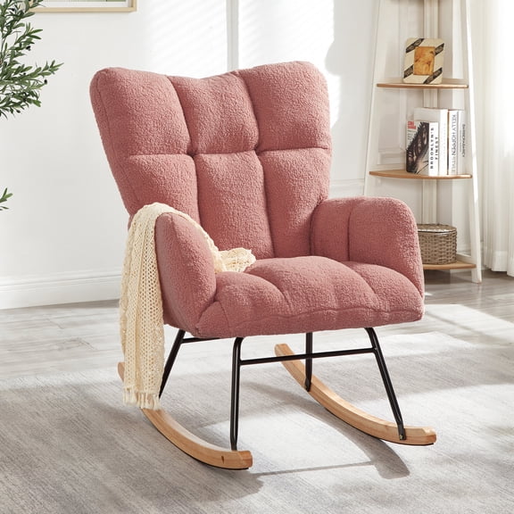 Nursery Rocking Chair Teddy Upholstered Glider Rocker Rocking Accent Chair Padded Seat with High Backrest Armchair Comfy Side Chair for Living Room Bedroom Offices, Pink Teddy