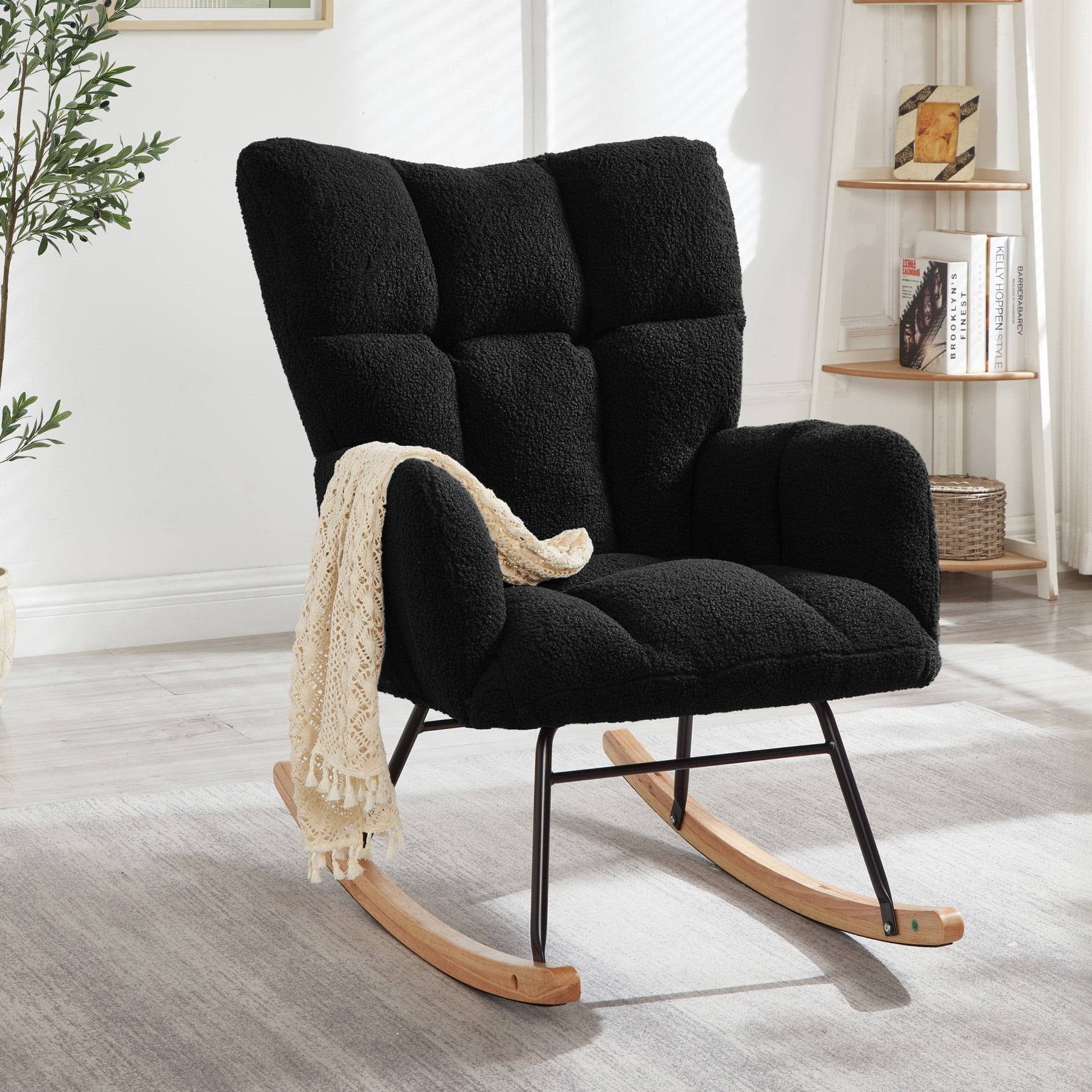 Accent Chair with High Backrest and Armrests,Glider Rocking Chair with Metal Frame,Teddy Fabric Tufted Upholstered Chair with Polyester Seat Cushion,for Living Room,300lbs Capacity,Black